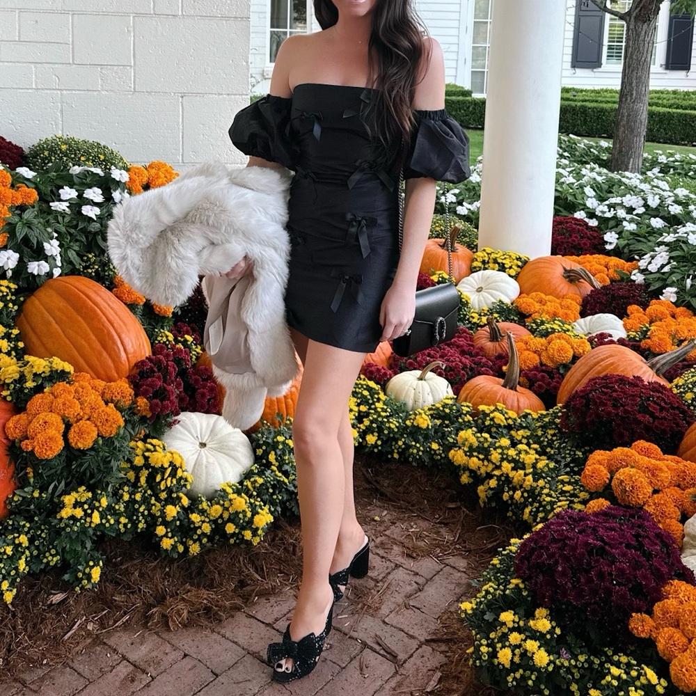 Anthropologie Off The Shoulder Black Puff Sleeve Mini Bow Dress